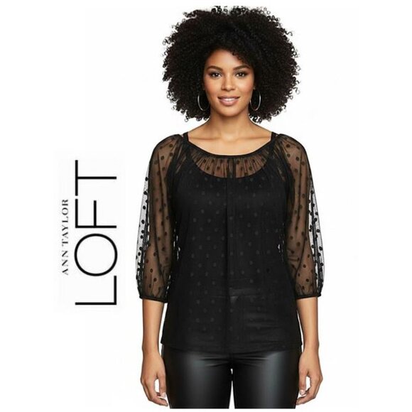 ANNE TAYLOR LOFT, - 3/4 polka dot sheer black blouse - Picture 1 of 9